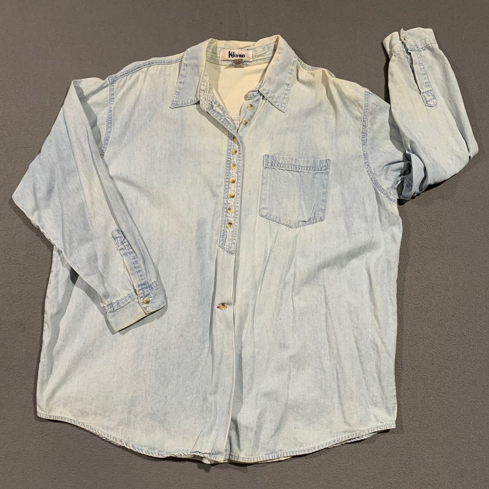90s VTG Kikomo Womens 20W Light Wash Denim Button Up Shirt Long‎ Sleeve Cotton
